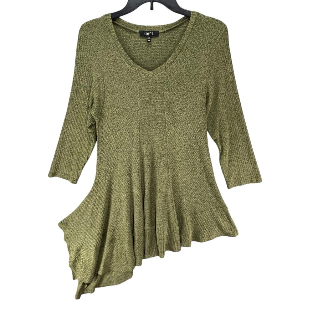Comfy USA Tunic Top Womens Size M Olive‎ Green Asymmetric Stretch Knit Lagenlook